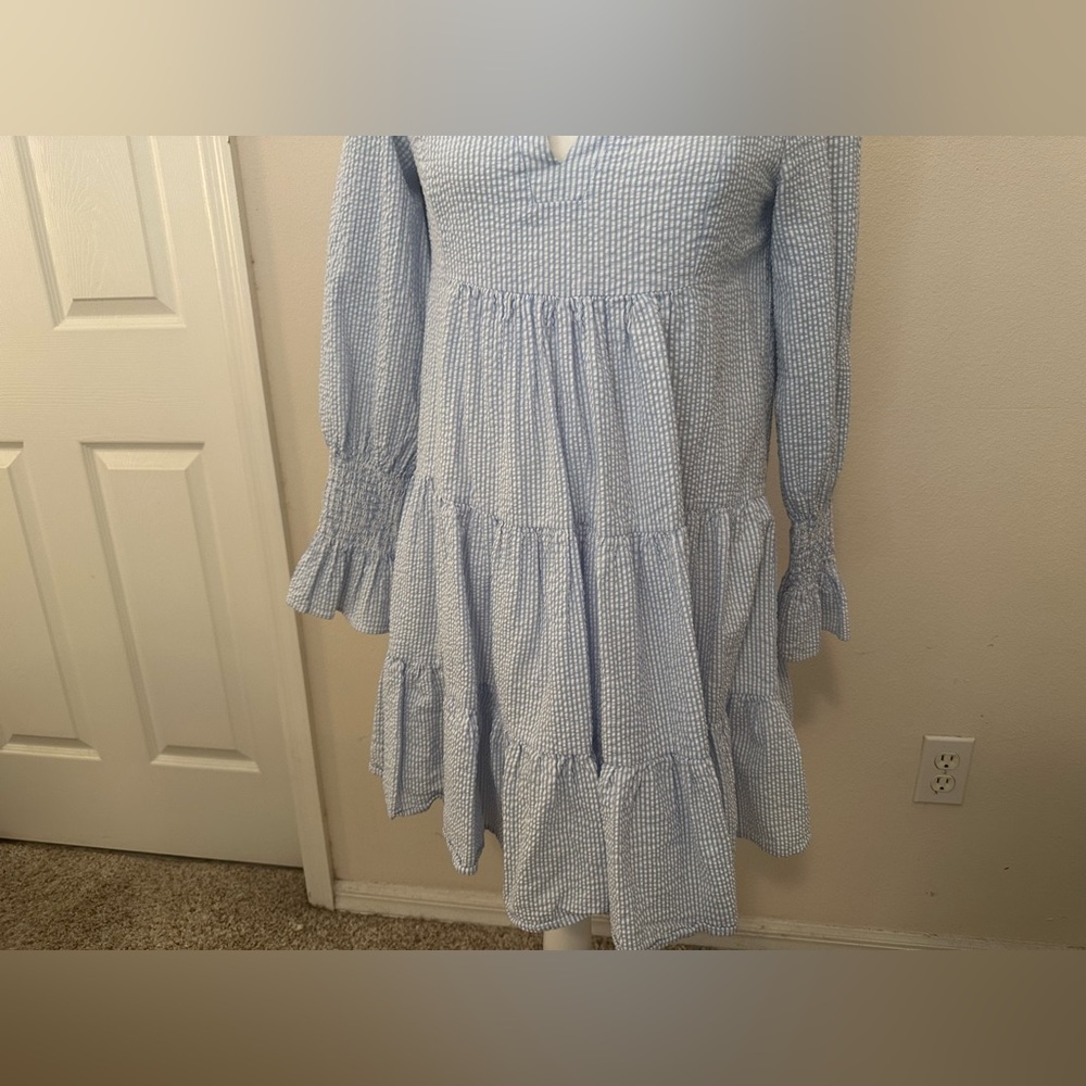 o.p.t. Bay Dress Sz S Striped Seersucker Tiered Summer Coastal Preppy Nautical - Picture 3 of 12